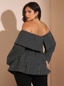 SHEIN BAE Sacou texturat alb-negru pentru femei, mărime mare, cu mânecă lungă, cu umeri goi - Negru - Vizualizare 6
