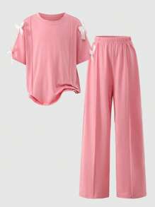 Tween Girls' Summer Casual College Style Contrast Color Bow Decor Loose Shoulder T-Shirt And Elastic Waist Wide Leg Pants Set - Pink - View 1