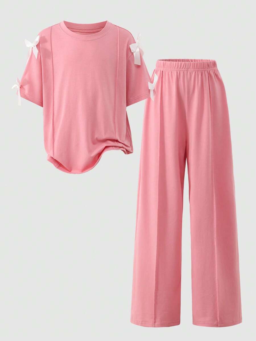 Tween Girls' Summer Casual College Style Contrast Color Bow Decor Loose Shoulder T-Shirt And Elastic Waist Wide Leg Pants Set - Pink - View 1