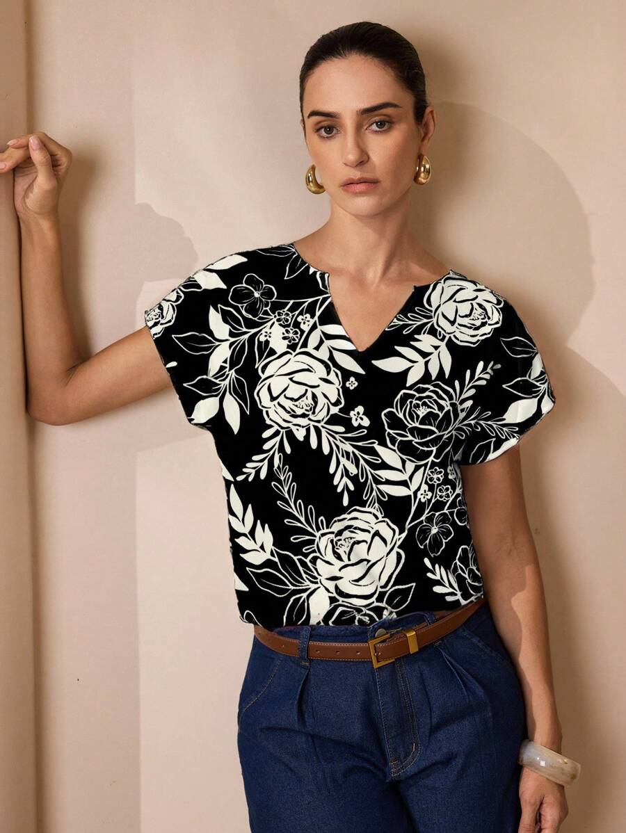 Glamance Leticiabaechtold Women's Vacation Casual Floral Print Notch Collar Blouse Suitable For Going Out - Black and White - View 1
