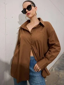 EMERY ROSE Camisa casual de manga larga, bolsillo y abotonadura sencilla para mujer de talla grande, unicolor - Marrón - Ver 6