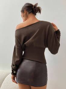 Aloruh Suéter marrón de manga larga, cuello caído y ajustado para mujer, para otoño/invierno - Marrón - Ver 2