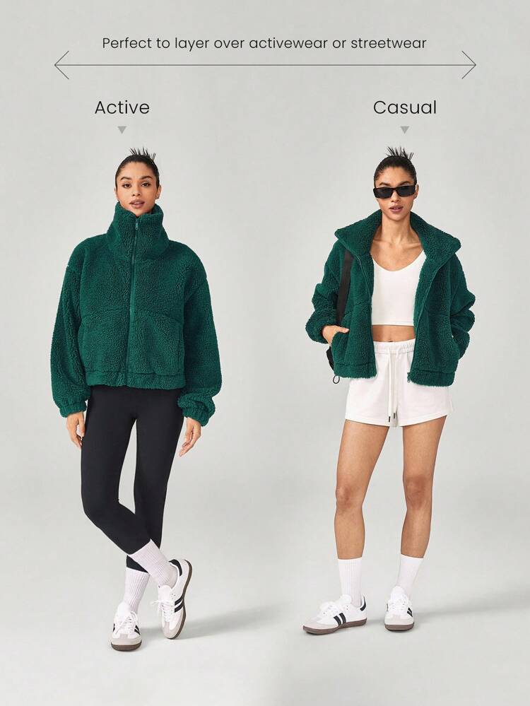 Cozy Thick Polar Fleece Soft Warm Loose Fit Super High Collar Elastic Hem Jacket With Side Pockets Daily Casual Winter