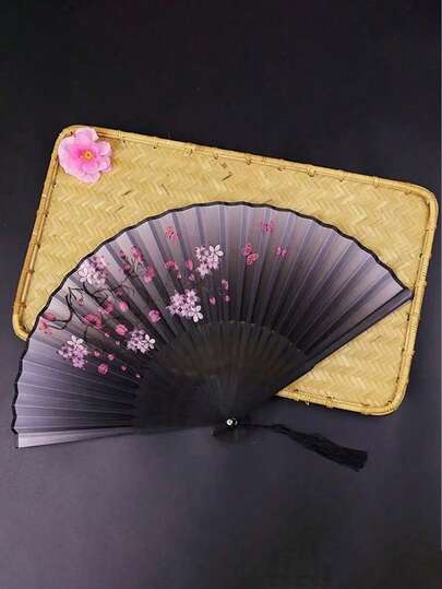 1pc Stylish Lightweight Handheld Fan Bamboo Folding Hand Fan With Botanical Theme - Elegantly Crafted Wooden Fan With Tassel, Classic Retro Design, Suitable For Graduation Gift, Home Decoration, Bamboo Art Ornament, Dance Stage Performance - Creative Anime Themes And Gifts