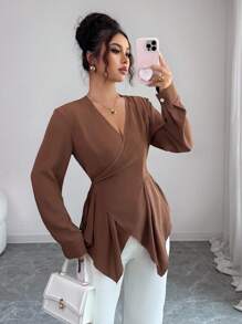 Elenzga Camisa elegante francesa de mujer con cintura ceñida y mangas largas, blusa elegante y con estilo - Café integral - Ver 3