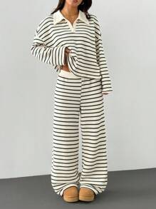SHEIN PETITE Women's 2pcs Set Loose Striped V-Neck Drop Shoulder Long Sleeve T-Shirt &Elastic Waist Striped Pants, Winter Sweater Suit ,Autumn/Winter Women Striped Lounge Set Two Pieces Pants Set Women Two Pieces Set Casual Two Pieces Set Striped Two Pieces Set Comfortable Two Pieces Set - Black and White - View 4