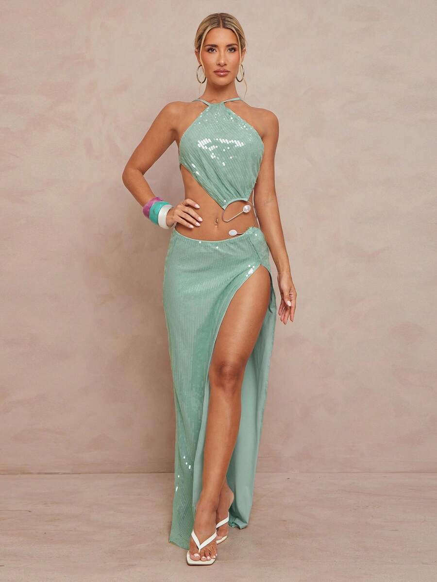 Lumalex Trang phục Thu Đông kín đáo, sang trọng, lấp lánh, thích hợp cho tiệc tùng, lễ hội, đi biển, nghỉ dưỡng, phong cách Bohemian, BOHO, ngoài trời, tiệc cưới nhiều lớp, lễ trưởng thành, bãi biển, ven biển, đính sequin, hở lưng, xẻ cao với eo khoét kim loại dành cho nữ, dạ hội sang trọng, Giáng sinh và Năm mới. - Màu xanh bạc hà - Xem 1