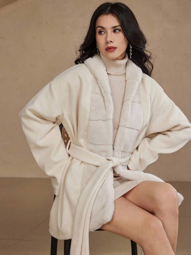 Autumn/Winter Thick Fleece Loose Business Casual Commute Elegant Office Wear Patchwork Long Coat With Waist Tie For Women Jacket Faux Fur Coat