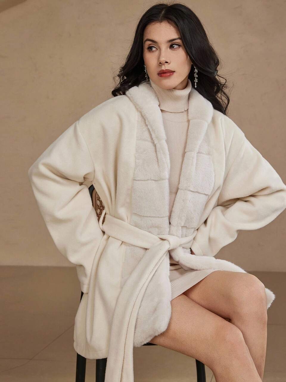 Autumn/Winter Thick Fleece Loose Business Casual Commute Elegant Office Wear Patchwork Long Coat With Cinched Waist For Women Jacket Faux Fur Coat