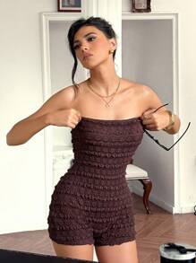 Roylia SummerGirls Women's Textured Knit Ruffle Patchwork Fitted Cropped Retro Elegant Jumpsuit Maillard Style Summer Brown - Brown - View 5