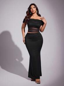 Viva Relle 大码女式优雅性感露肩网眼上衣和弹力针织紧身裙两件套，夏季