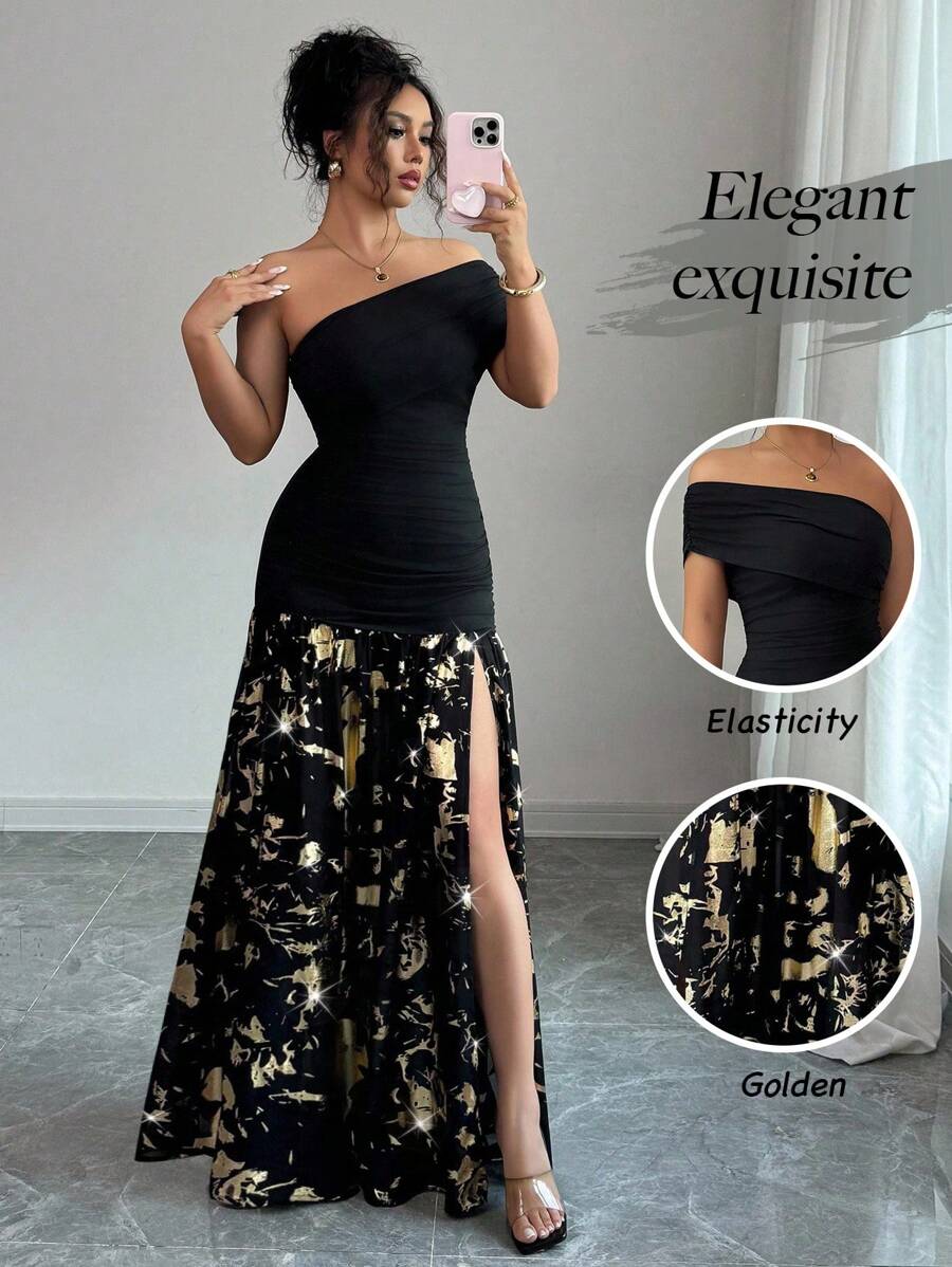 Elenzga Randomly Printed Asymmetrical Shoulder Strapless Knit Elastic Bodycon Vintage Elegant Luxurious Little Black Dress, Metallic Foil Chiffon Mermaid Low Waist Floor Length Gown For Graduation, Party, Banquet - Black - View 1