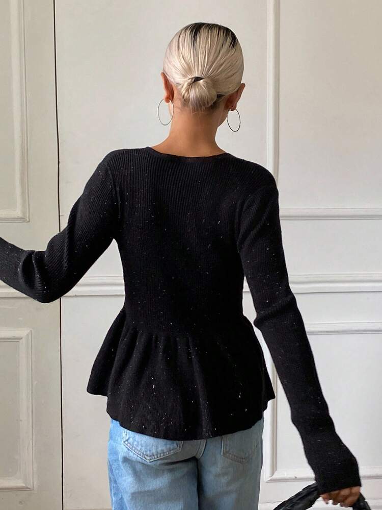 Women's Solid Color Shiny Fitted Flared Hem Long Sleeve V-Neck Elegant Party Sweater, Autumn/Winter