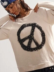 Bohemela 波西米亚风女士休闲长袖宽松水洗和平图案铆钉装饰T恤，复古西部乡村风格，适合音乐会、度假、返校季，秋冬季穿着。 - 卡其色 - 查看 4