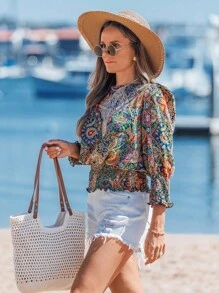 Sylviya 女士圆领泡泡袖荷叶边休闲通勤衬衫 - 彩色 - 查看 4