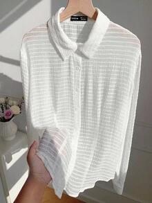 SHEIN EZwear Camisa de mujer informal de manga larga a rayas de abotonadura sencilla - Rosa - Ver 5