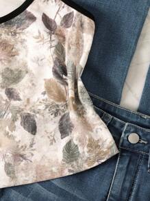 Tween Girl Leaf Print Trim Casual Camisole - Army Green - View 3