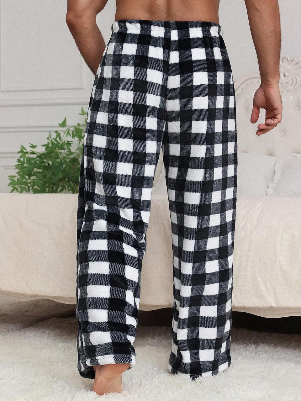 Men's Plaid Flannel Lounge Pants, Autumn Fluffy Loungewear Pants, Winter, Cozy