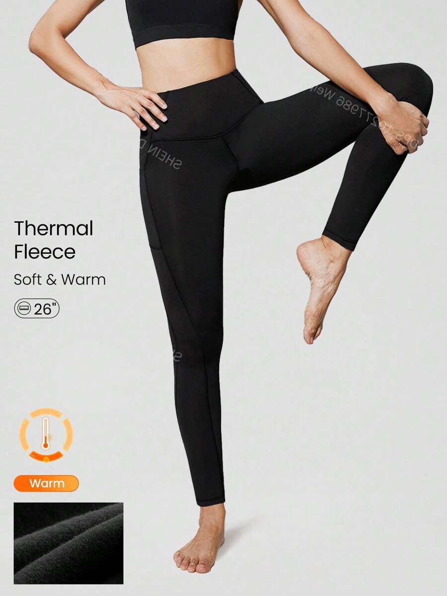 GLOWMODE 26" Fleece Rest & Refresh High Waist Workout Leggings With Side Pockets Fall Winter - Black - View 1