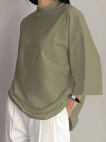 Dazy-Less Women's Loose Casual Basic Solid Color Short Sleeve T-Shirt, Suitable For Spring, Summer, Autumn - Olive Green - View 3