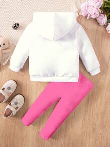 SHEIN Happikins 2pcs Baby Girl Cute White Autumn Outfits,Kawaii Cartoon Pink Rabbit&Stitch Graphic Sweatshirt And Pants Set,Matching Family Party Clothes - Multicolor - View 3