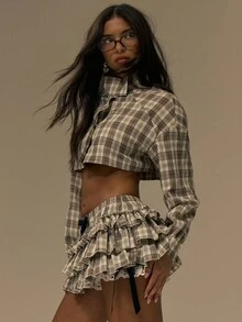 SHEIN X Scot Louie MUSERA 高领短款格纹外套，可爱街头风，适合节日、农舍、乡村、格子、复古风格，短款格纹高领外套，冬季可爱，春季夏季度假必备。 - 彩色 - 查看 3