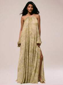 MUSERA Đầm maxi in họa tiết tay xẻ lưng cực kỳ gợi cảm, in xếp ly toàn thân, thích hợp cho mùa thu, hè, đi nghỉ mát, tiệc tùng, dự đám cưới, sinh nhật, câu lạc bộ, tiệc brunch, đi chơi, du lịch biển, tiệc tùng, thanh lịch, Ibiza, dịp đặc biệt, nữ tính, dễ thương, Giáng sinh, mùa thu, lễ tốt nghiệp, đầm dài. - Màu vàng - Xem 1