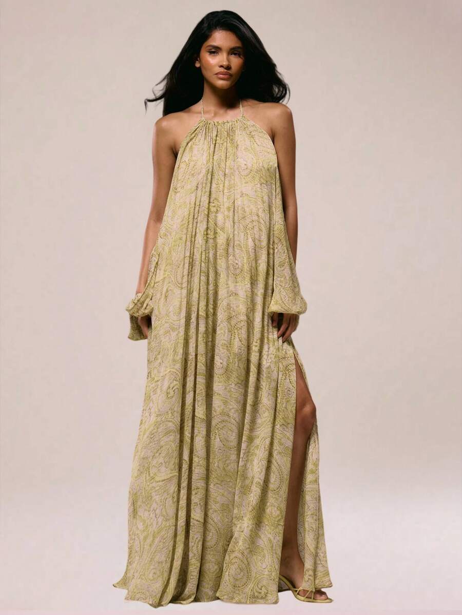MUSERA Đầm maxi in họa tiết tay xẻ lưng cực kỳ gợi cảm, in xếp ly toàn thân, thích hợp cho mùa thu, hè, đi nghỉ mát, tiệc tùng, dự đám cưới, sinh nhật, câu lạc bộ, tiệc brunch, đi chơi, du lịch biển, tiệc tùng, thanh lịch, Ibiza, dịp đặc biệt, nữ tính, dễ thương, Giáng sinh, mùa thu, lễ tốt nghiệp, đầm dài. - Màu vàng - Xem 1
