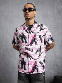 GODZILLAxKONG X SHEIN 男士休闲街头度假风格怪物和字母印花翻领短袖宽松衬衫，夏季 - 白色 - 查看 4