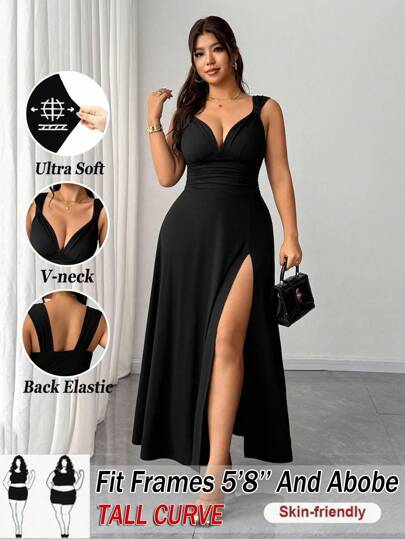 SHEIN Tall CURVE Women's Plus Size Solid Color Twist Knot V-Neck High Slit High Stretch Knit Party Cocktail Versatile Stylish Design 2025 New Dress