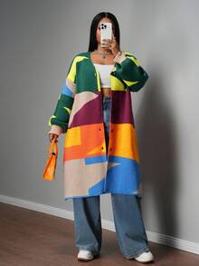 Slaydiva 大码休闲撞色拼接开衫，秋冬彩色长款开衫毛衣，彩虹色针织衫 - 彩色 - 查看 4