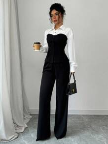 Selianne 2pcs Set: Slim Fit Color-Blocking Black & White Blouse And Pants Fall Cloth For Women - Black - View 6