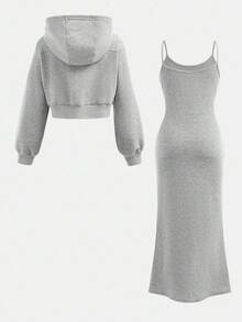 SHEIN 青少年女孩落肩拉链连帽衫和吊带连衣裙返校装，休闲装 - 灰色 - 查看 2