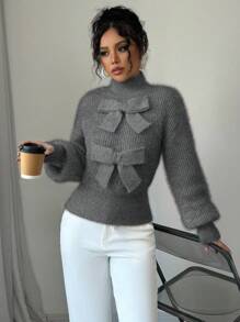 Elenzga Áo len cổ đứng màu trơn thanh lịch dành cho nữ có trang trí nơ, áo chui đầu dệt kim thu/đông - Xám - Xem 5