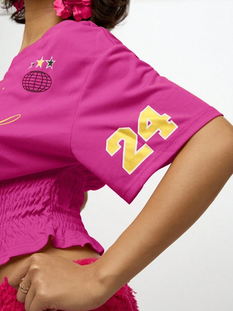 SUMWON WOMEN Off Shoulder Smocked Waist Crop Tee With Ruffled Hem