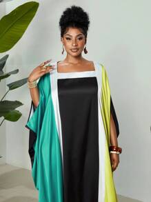 Maweii 大码女式拼色方领蝙蝠袖休闲连衣裙 - 彩色 - 查看 2