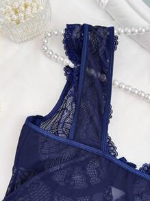 4pcs Set: Lace Contrast Mesh Ladies Sexy Goth Underwire Chemise Nightgown + G-String + 2pcs Stockings For Going Out - Navy Blue - View 8