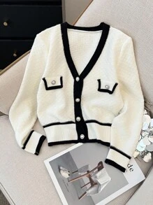 Sparklyn 青少年女孩返校撞色饰边 V 领长袖开衫，经典优雅甜美百搭柔软纱线舒适保暖，秋冬 - 白色 - 查看 2