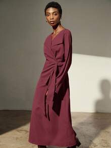 GENKIRA Cross Waist Slim Retro High-End 2 In 1 Lapel Long Sleeve Dress Dresses For Women Elegant  - Burgundy - View 6