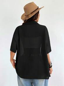 SHEIN EZwear 大码女式夏季透明前扣短袖衬衫，母亲节、度假、办公室黑色衬衫 - 黑色 - 查看 7