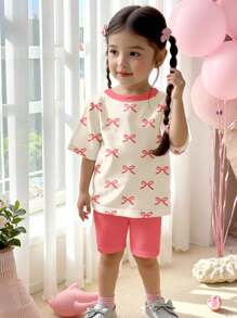 SHEIN Baby Girl Cute Mini Pink Bow Print Casual Short Sleeve T-Shirt & Fitted Shorts Set, Suitable For Spring & Summer - Multicolor - View 5