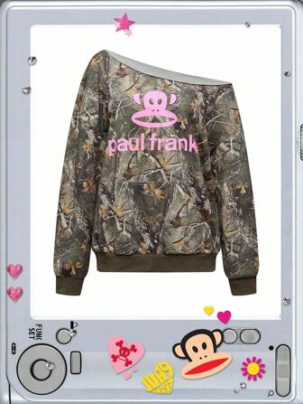 Paul Frank X ROMWE Y2K Subculture Baddie Street Withered Leaf Camouflage Allover Print Asymmetric Shoulder Pouch Pocket Sweatshirt