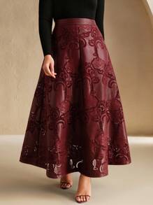 Anewsta 女士新款酒红色刺绣喇叭形优雅度假A字裙 - 酒紅色 - 查看 4