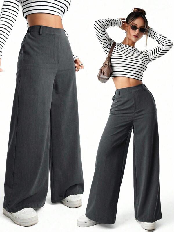 SHEIN Sparklyn Elegant Loose Fit Grey Wide Leg Pants For Teenage Girls