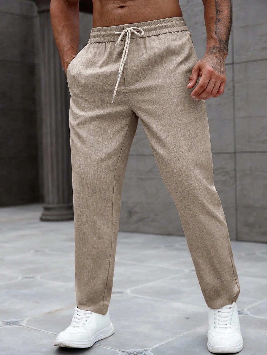 Manfinity Homme Men's Solid Color Drawstring Waist Pocket Tapered Casual Pants, Versatile, Fall - Brown - View 1
