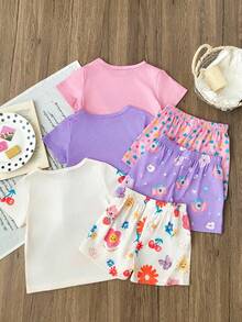 Conjunto de 3 pijamas com estampa de desenho animado para meninas