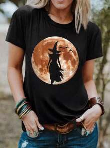 EMERY ROSE Halloween Witch And Moon Print T-Shirt, Casual Short Sleeved Round Neck T-Shirt, Women's Clothing, Suitable For All Seasons - Black - View 1