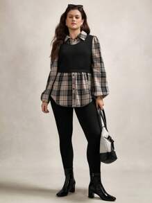 Zelara 加大码格子灯笼袖针织撞色缝线休闲宽松衬衫，办公室服装 - 彩色 - 查看 4