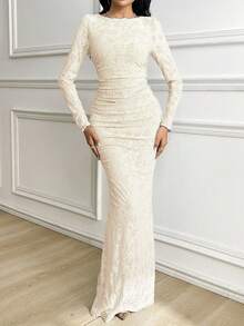 Veilorie 女式优雅简约纹理褶饰鱼尾下摆连衣裙 - 杏色 - 查看 1