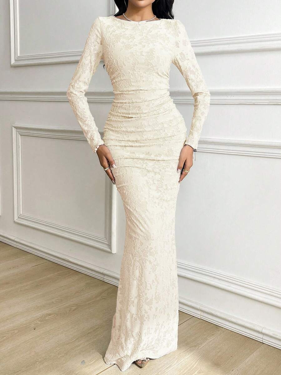 Veilorie 女式优雅简约纹理褶饰鱼尾下摆连衣裙 - 杏色 - 查看 1